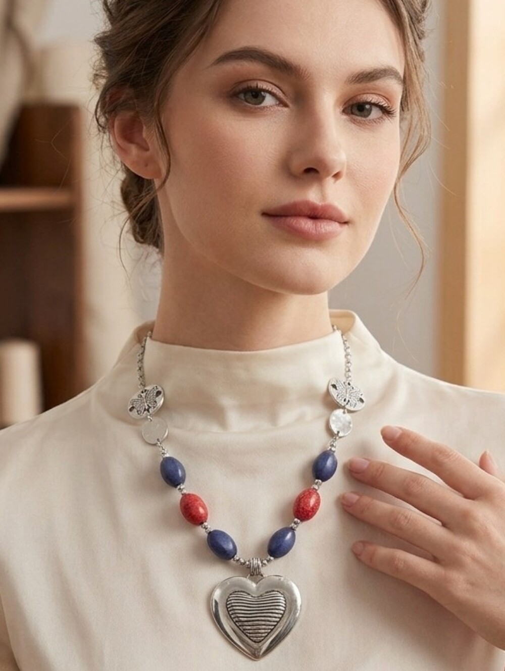 Handceafted Silver Heart Pendant Necklace with Blue and Red Beads
